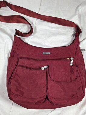 Baggallini Everywhere Crossbody Travel Bag Burgundy Nylon Yellow Lining